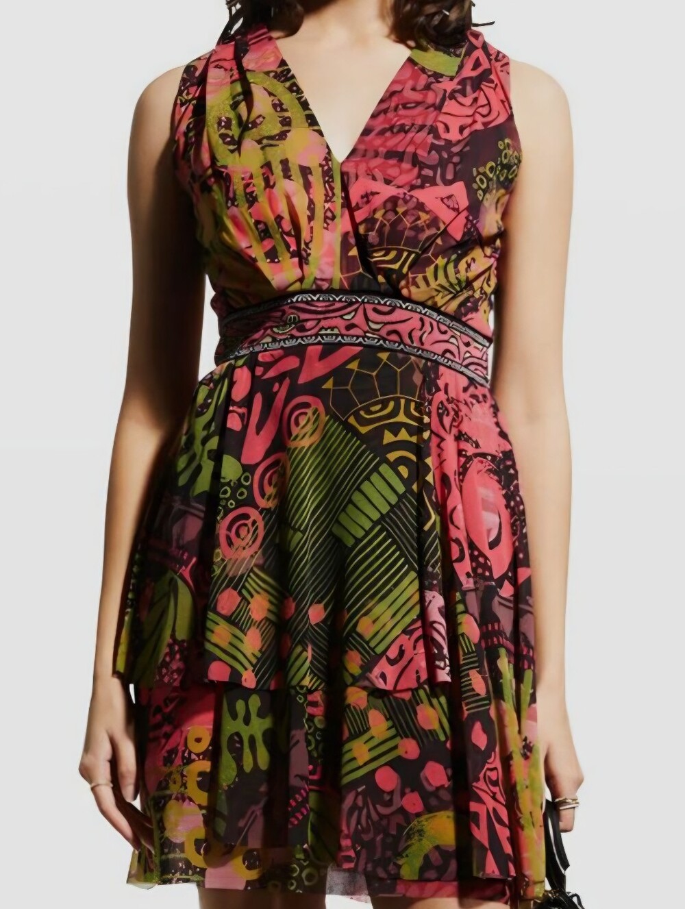 FUZZI NWT 🏷 V Neck Mesh Tulle Sleeveless Bright Print Tiered Rare Size XXL